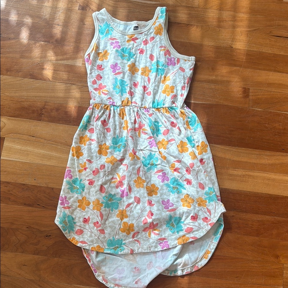 Girls White Floral Tank Dress with Pink, Teal & Yellow Flowers